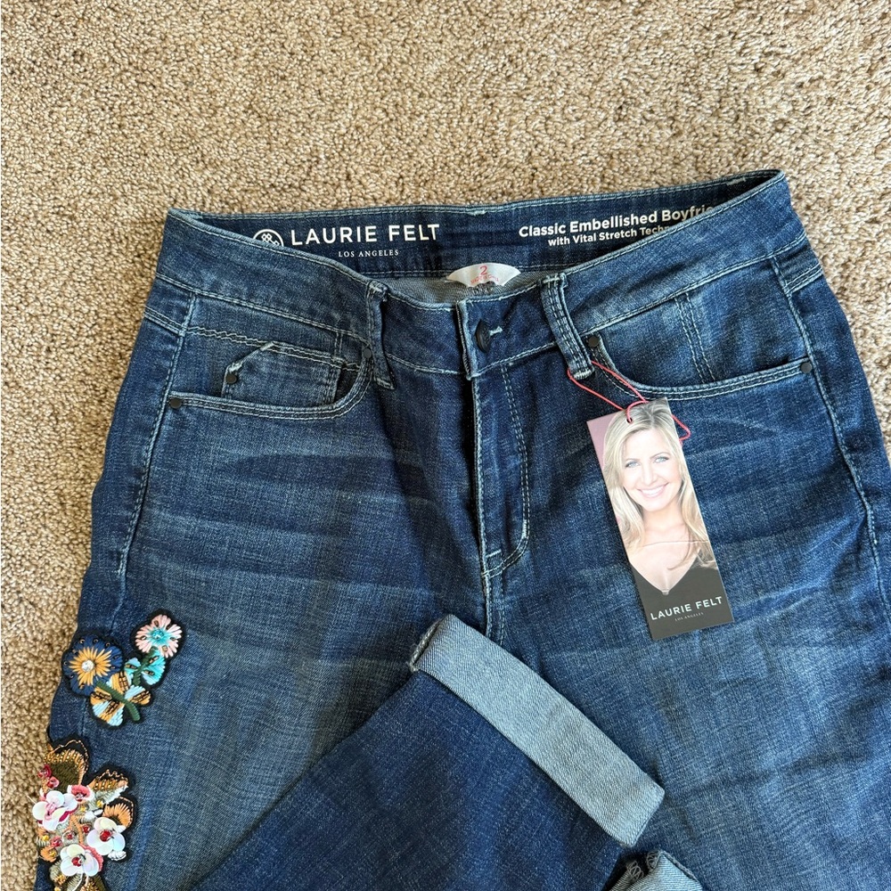 Laurie Felt Dark Blue Floral Boyfriend Jeans